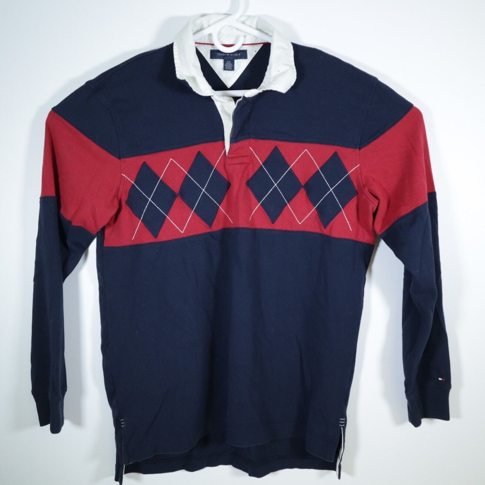 VTG 90s Tommy Hilfiger Polo Shirt Mens Large Argyle Rugby Blue Red White LS